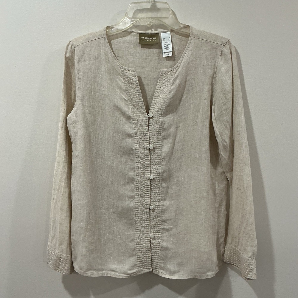 Liz Claiborne Women's Linen Sz Small Blouse Monochromatic Minimalist Beach Vacay